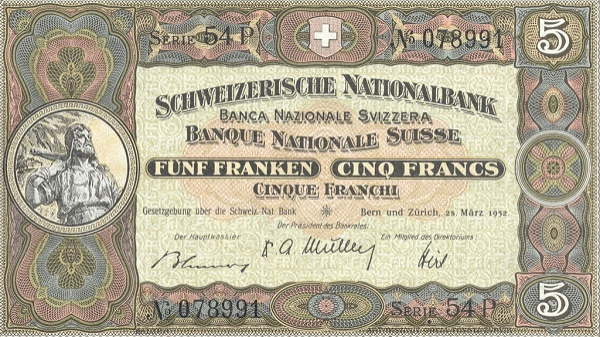 (007) Switzerland P11p - 5 Francs (1952)